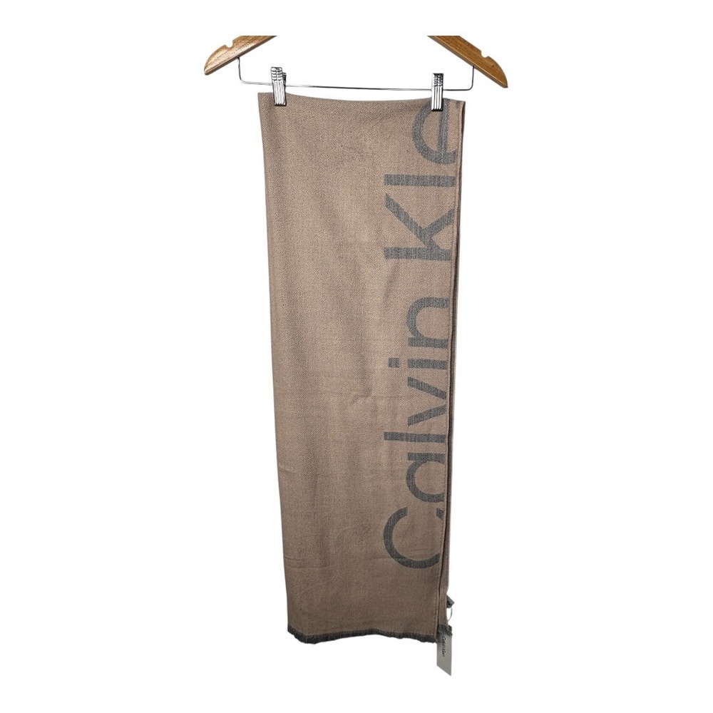 Calvin Klein Taupe Logo Oblong Blanket Scarf Acrylic‎ Blend Women 76x24 NWT